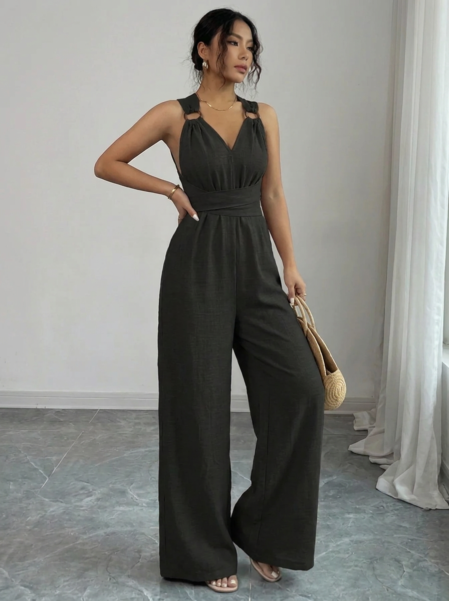 Modischer Damen Jumpsuit hochtailliert, langarm Spitzenoberteil Set, vielseitig für Freizeit & Abend.