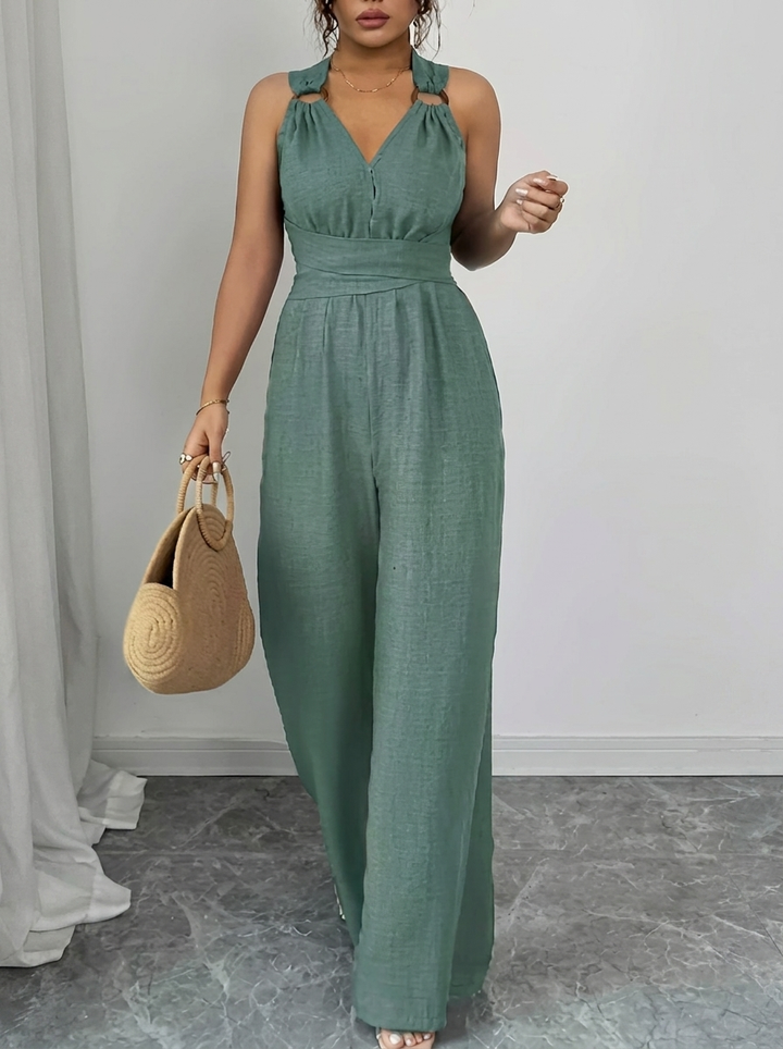 Grüner Damen Jumpsuit & Spitzenoberteil Ensemble, modisches Set mit Taschen für Freizeit & Abendmode.
