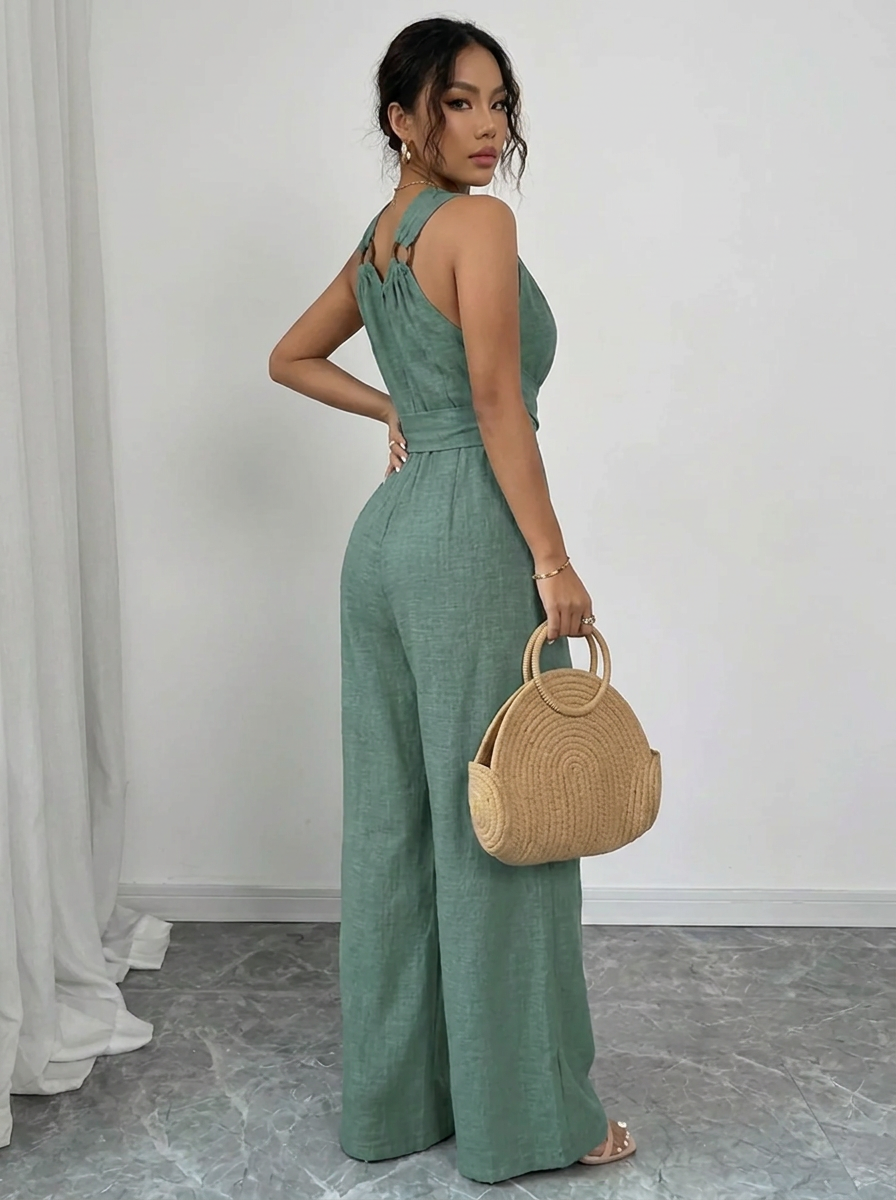 Vielseitiger Damen Jumpsuit mit Taschen & langarm Spitzenoberteil, elegantes Ensemble für jeden Anlass.