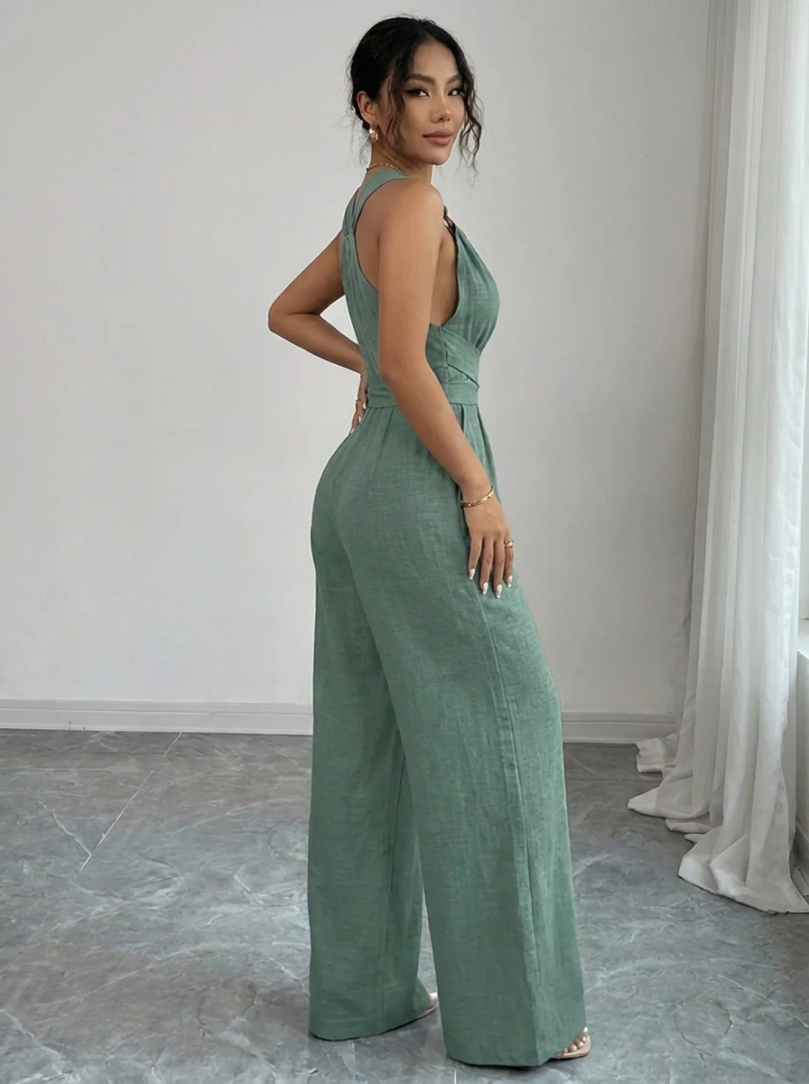 Hochtaillierter Damen Jumpsuit & elegantes Spitzenoberteil Ensemble, ein modisches 2-teiliges Set mit Taschen.