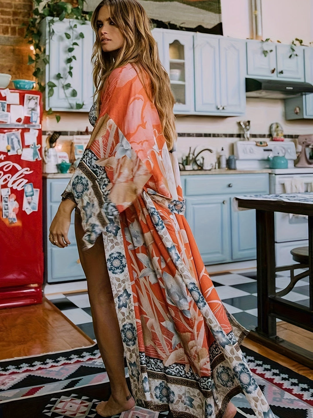 Eleganter Damen Kimono mit Blumenprint in Rot, Orange & Rosa; perfekter leichter Strand-Überwurf für den Urlaub.