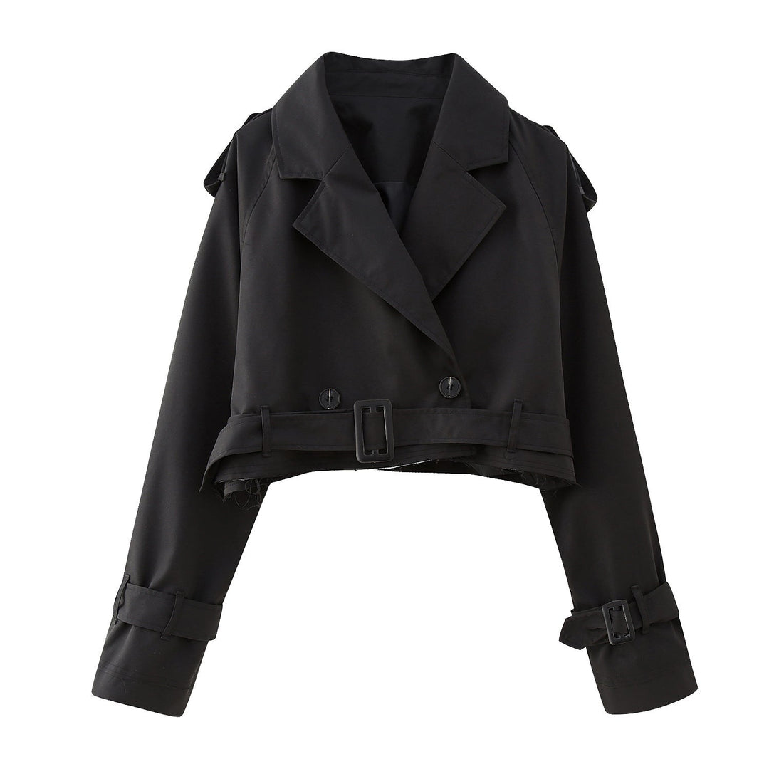 Klassischer Damen Kurzer Trenchcoat in Khaki, eleganter Übergangsmantel mit modernem Schnitt für stilvolle Frauen.