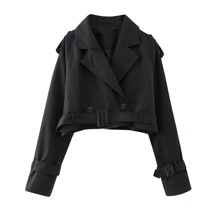 Klassischer Damen Kurzer Trenchcoat in Khaki, eleganter Übergangsmantel mit modernem Schnitt für stilvolle Frauen.