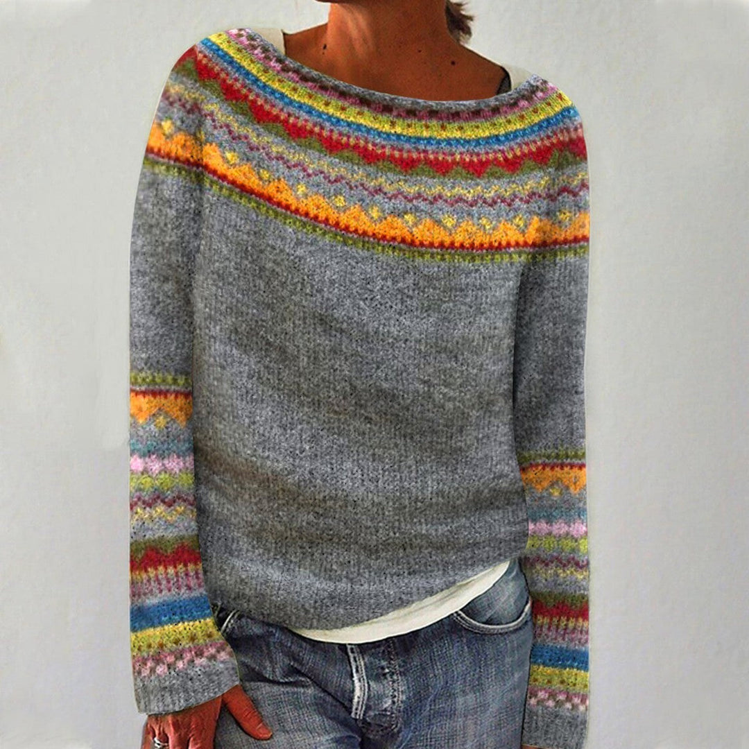 Eleganter Damen Langarmpullover mit auffälligem Retro-Print, ideal für Herbst & Winter. Stylisches Strickoberteil für Frauen.