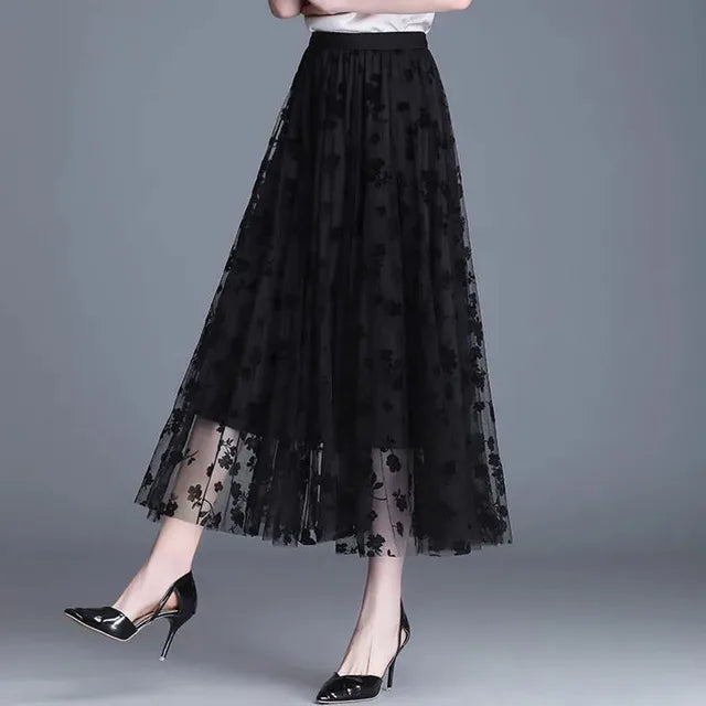 Eleganter Damen Mesh Midi-Rock Fiona, luftig & stilvoll. Perfekter Frühlings- und Sommerrock für vielseitige Damenmode.