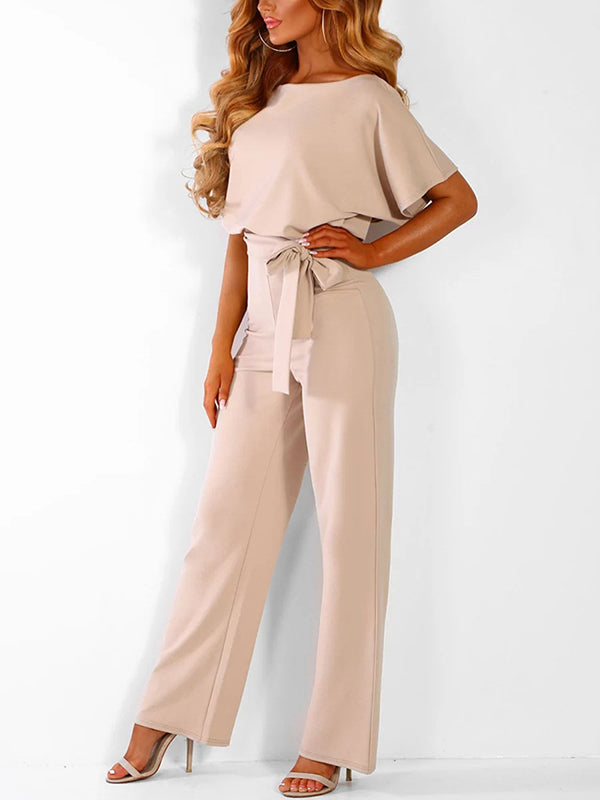 Eleganter Damen Overall mit Rüschengürtel & kurzen Ärmeln, perfekt für Frühling & Sommer.