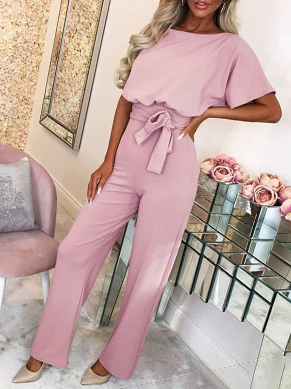 Schwarzer eleganter Damen Jumpsuit mit Rüschengürtel & kurzen Ärmeln, perfekt für formelle Anlässe.