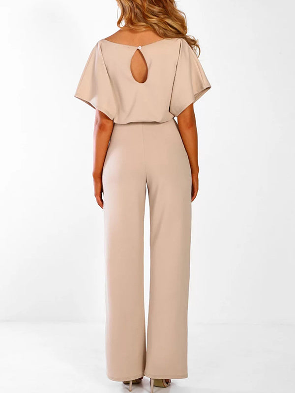 Aprikosenfarbener, eleganter Damen Overall mit Rüschengürtel & kurzen Ärmeln, stilvolle Freizeitmode.