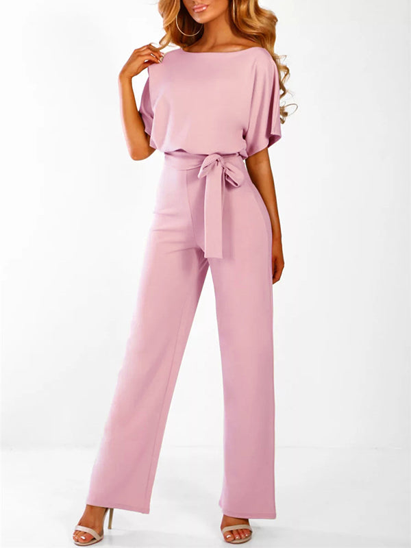 Roter, langer Damen Overall mit Rüschengürtel & kurzen Ärmeln, schick für Frühling & Herbst.