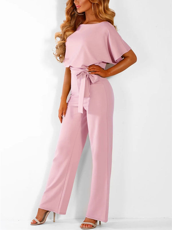 Blauer eleganter Damen Overall mit Rüschengürtel & kurzen Ärmeln, vielseitige Frühlings-/Sommermode.
