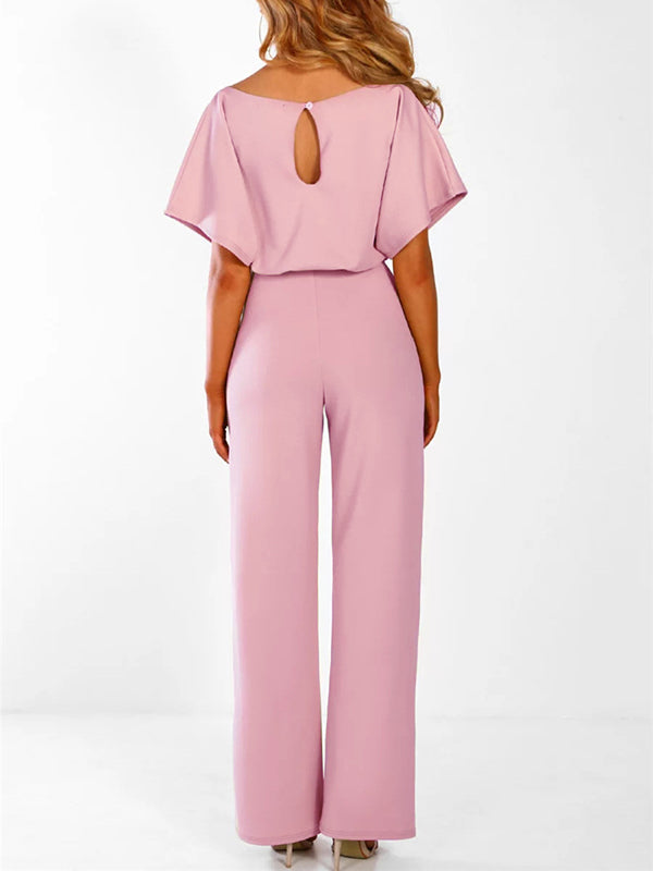Marineblauer Jumpsuit für Damen mit Rüschengürtel & kurzen Ärmeln, perfekt für Abendveranstaltungen.