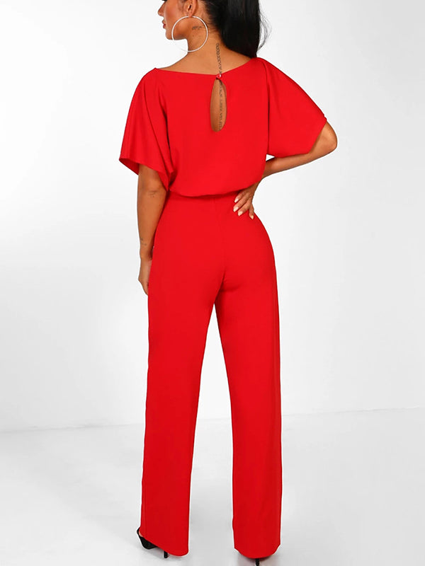 Schwarzer Damen Overall mit Rüschengürtel & kurzen Ärmeln, ein Muss für jede elegante Garderobe.