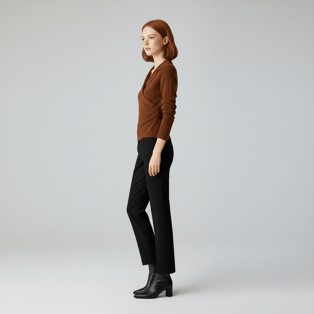 Moderner Damen Strickpullover mit schmeichelhaftem drapiertem V-Ausschnitt. Ideal für elegante Business-Looks.