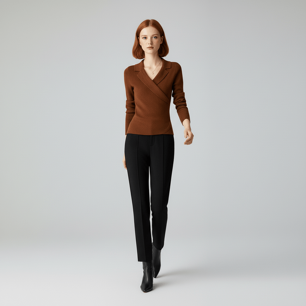 Stilvoller Damenpullover mit drapiertem V-Ausschnitt, perfekt für einen eleganten Alltags- oder Büro-Look.