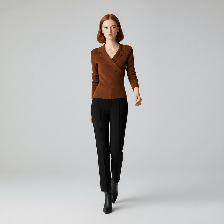 Stilvoller Damenpullover mit drapiertem V-Ausschnitt, perfekt für einen eleganten Alltags- oder Büro-Look.