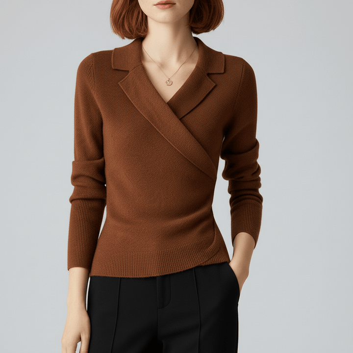 Klassischer Damen Langarm-Pullover mit V-Ausschnitt und eleganter Drapierung. Ein vielseitiges Oberteil.