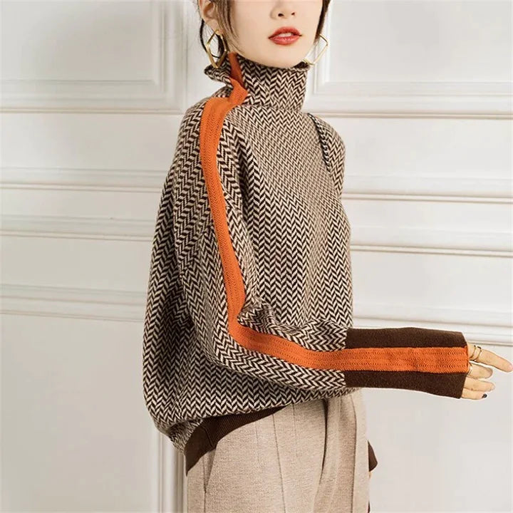 Gemütlicher Damen Pullover mit Rollkragen. Vielseitiger Strickpullover als warmes Langarm Oberteil für Wintermode.