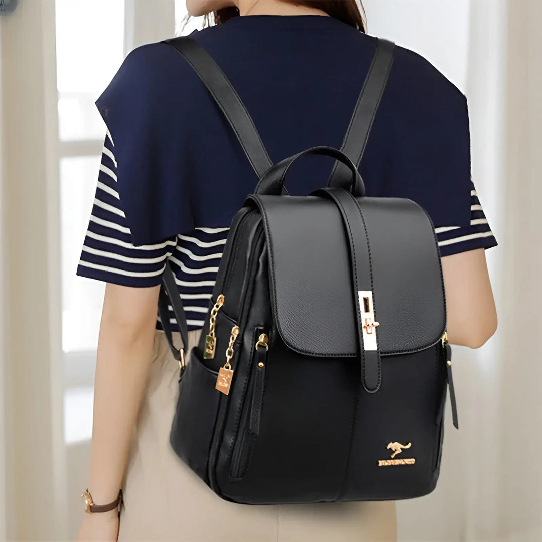 Eleganter Damen Rucksack in Schwarz, stilvoller Alltagsbegleiter mit viel Stauraum für unterwegs.