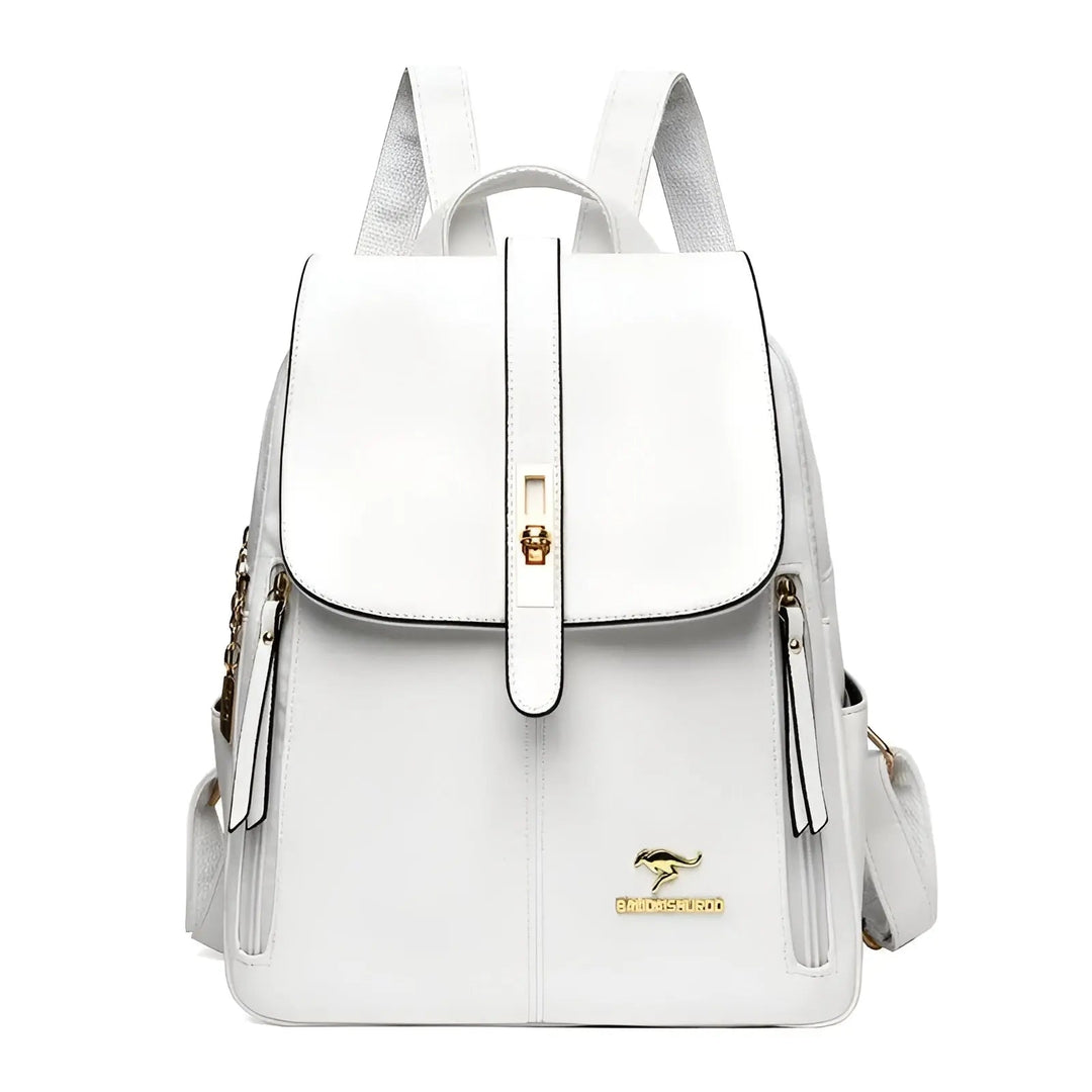 Vorderansicht: Stilvoller Damen Rucksack in Weiß, zeigt sicheren Verschluss und elegantes Design.