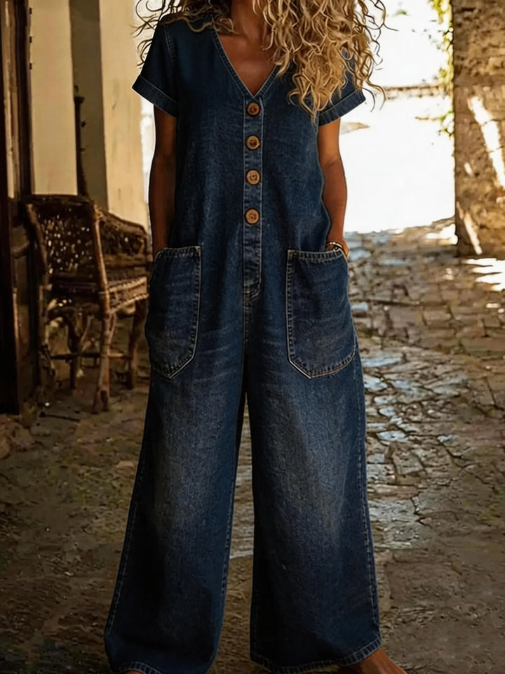 Eleganter Damen Sommer Jumpsuit mit V-Ausschnitt und kurzen Ärmeln in Blau. Ideal für Freizeit.