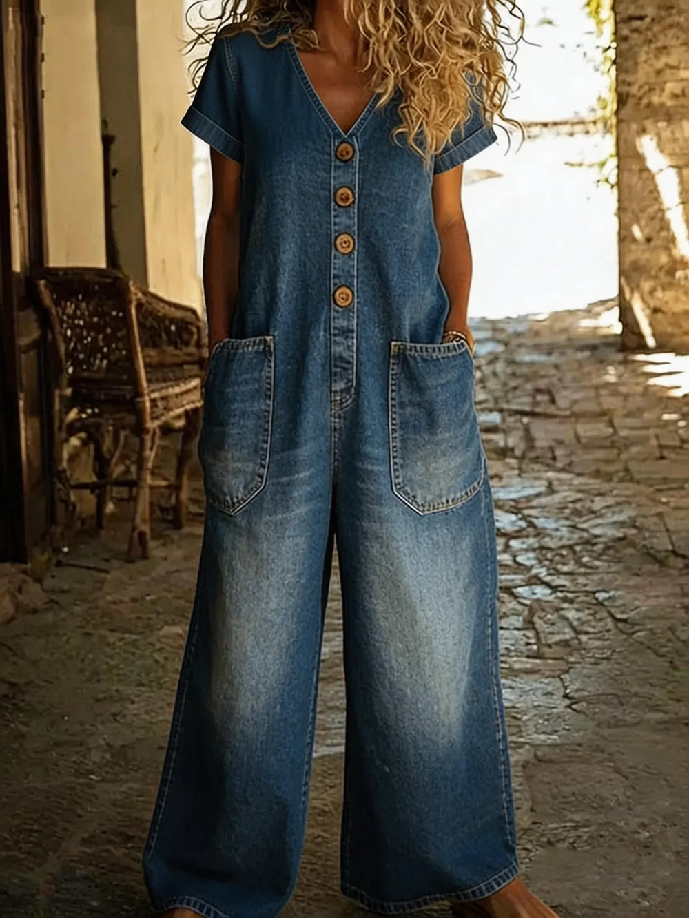 Bequemer Damen Jumpsuit, kurzärmelig, V-Ausschnitt. Vielseitiger Einteiler in Schwarz oder Weiß.
