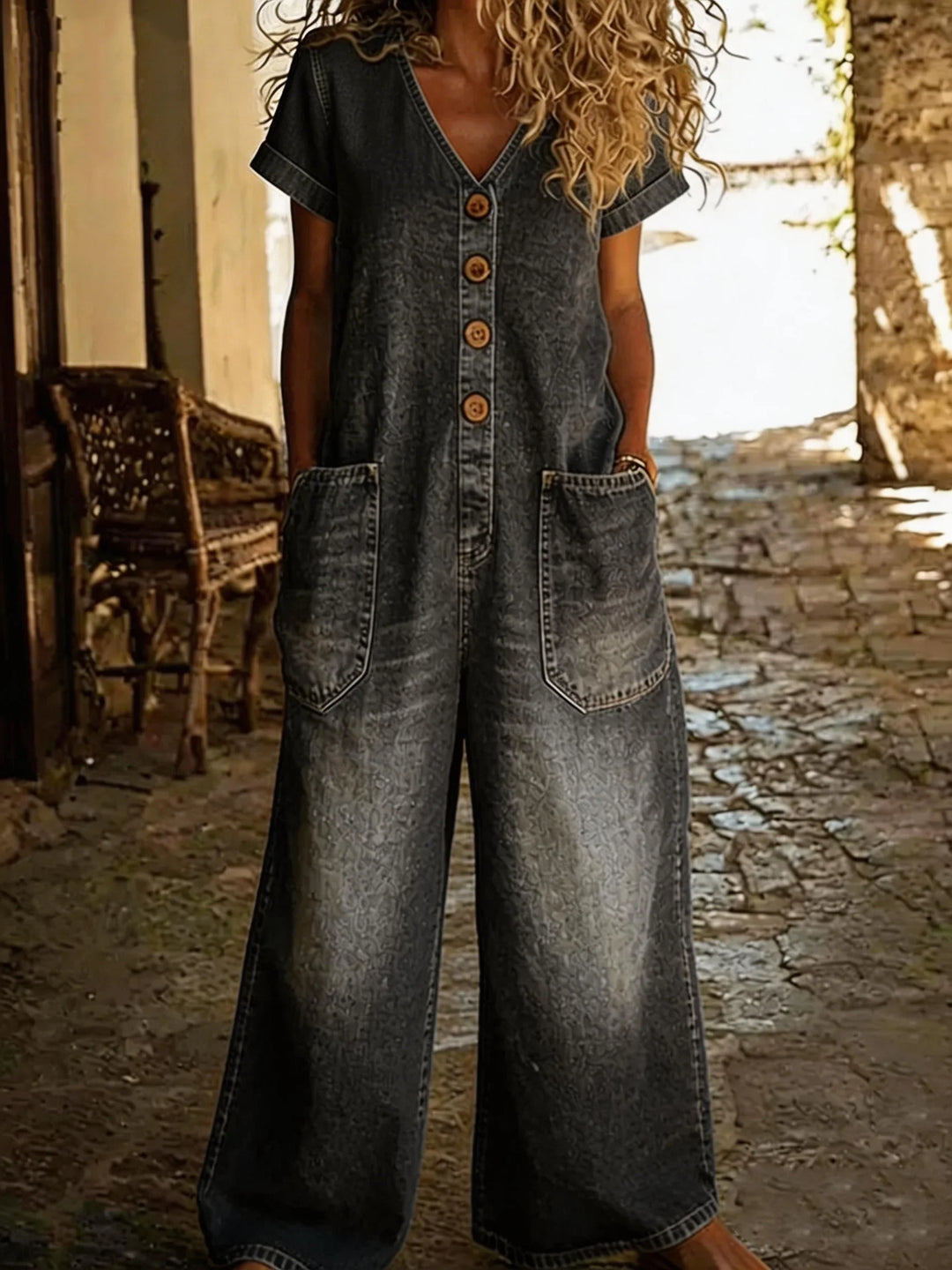 Modischer Sommer Jumpsuit für Damen, dunkelblau, mit V-Ausschnitt und kurzen Ärmeln. Perfekt für den Sommer.