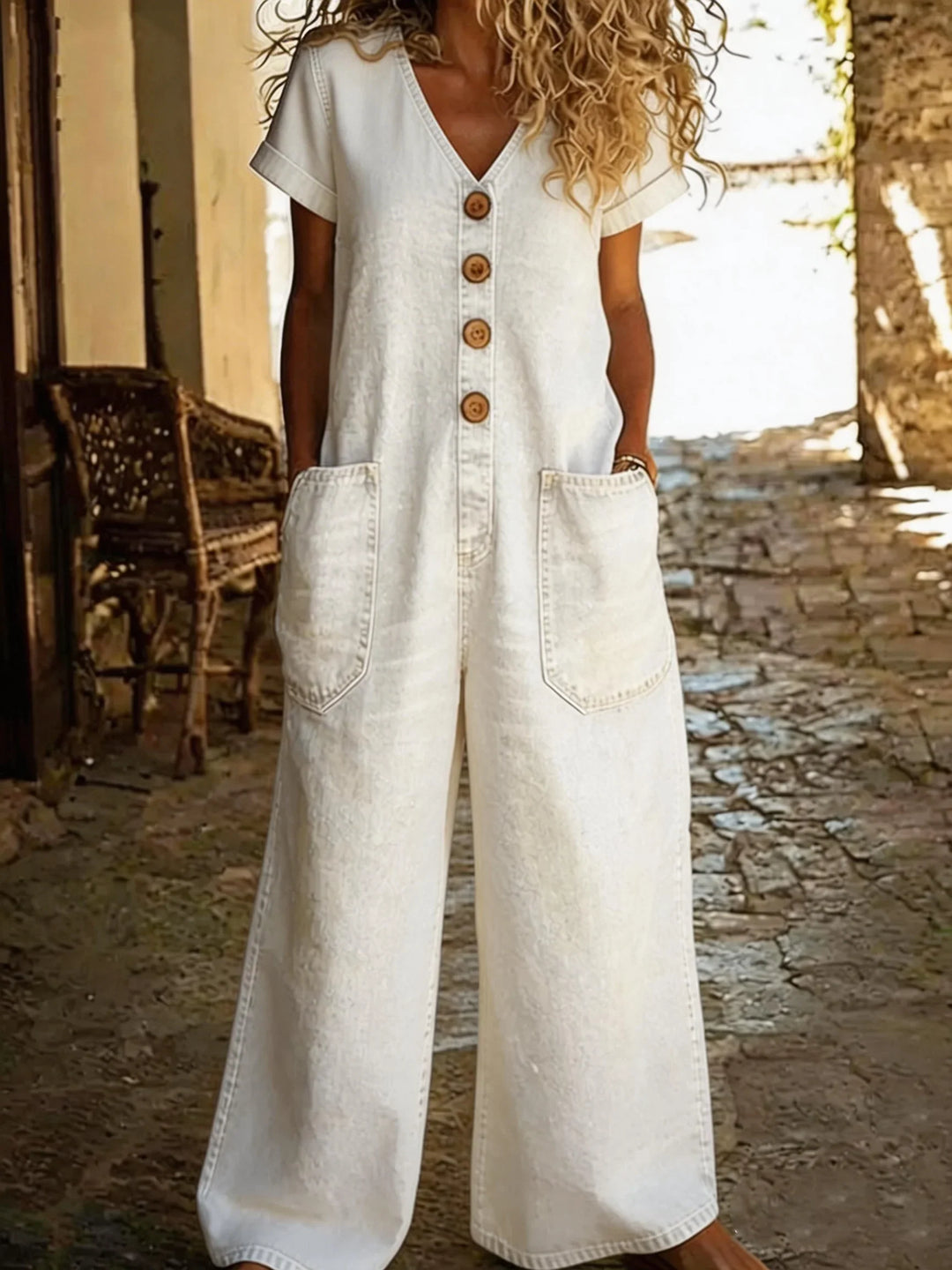 Schicker Damen Einteiler, kurzarm, V-Ausschnitt. Leichter Jumpsuit für warme Sommertage, elegant und bequem.