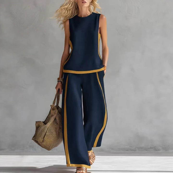 Eleganter Damen Sommeranzug-Set, ärmelloser Zweiteiler mit weitem Bein für warme Tage.