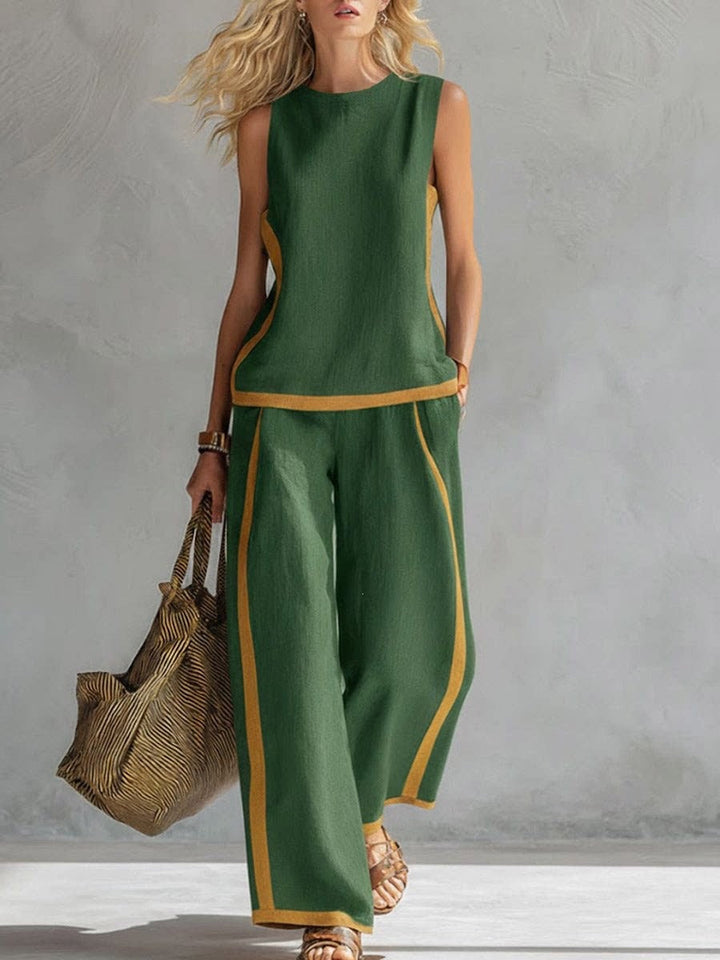 Vielseitiges Damen Sommeranzug-Set, elegant & lässig, mit ärmellosem Top und weiter Hose.