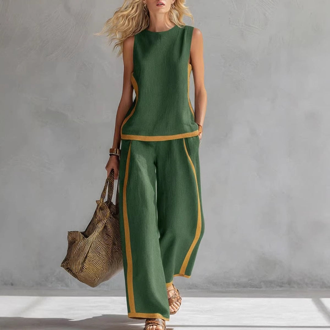 Lässiges Sommer-Outfit: bequemes Damen Zweiteiler-Set mit ärmellosem Oberteil und weiter Hose.