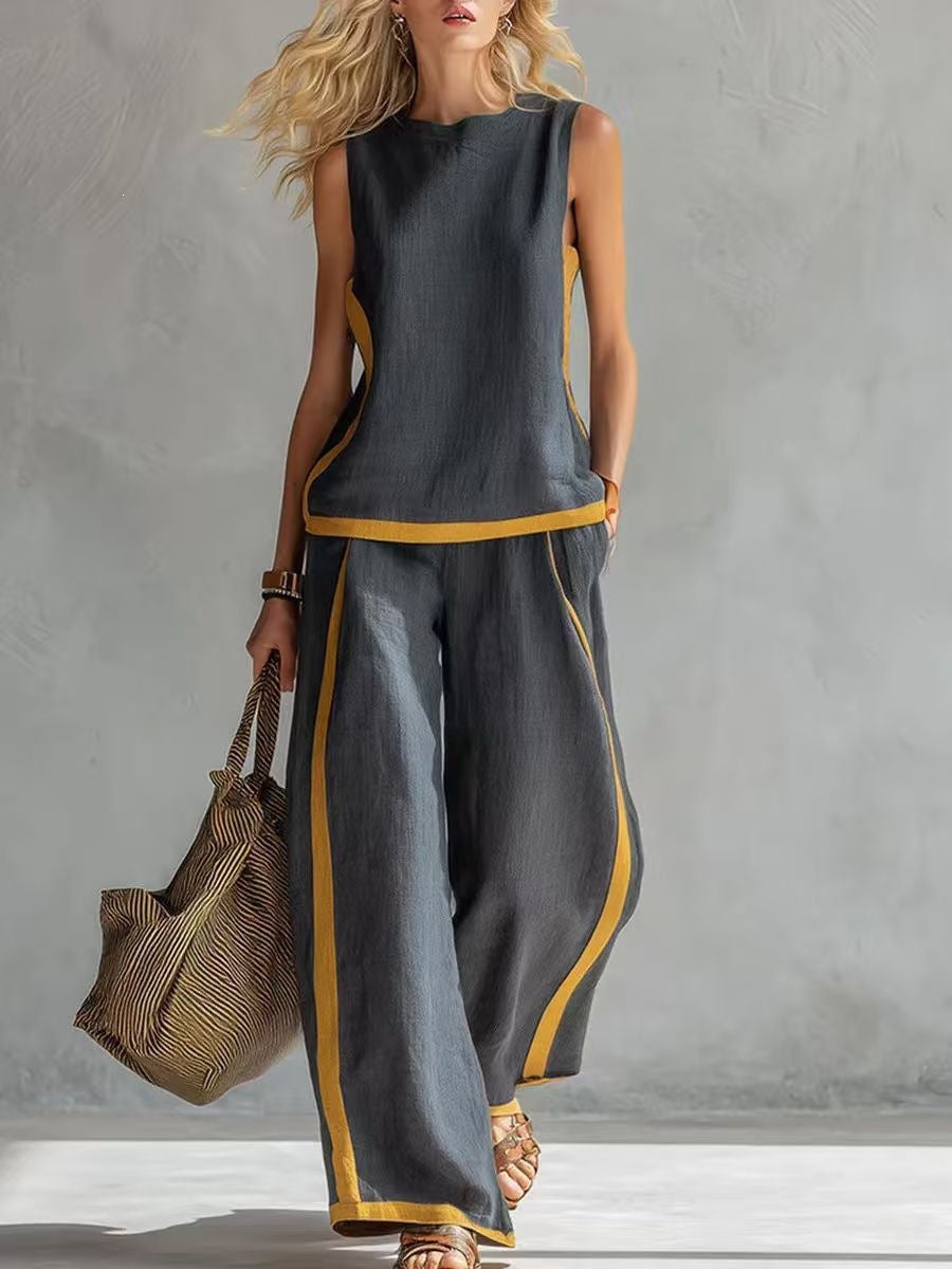 Modernes Damen Sommer-Outfit in modischer Farbe, lässig-elegant für warme Abende.