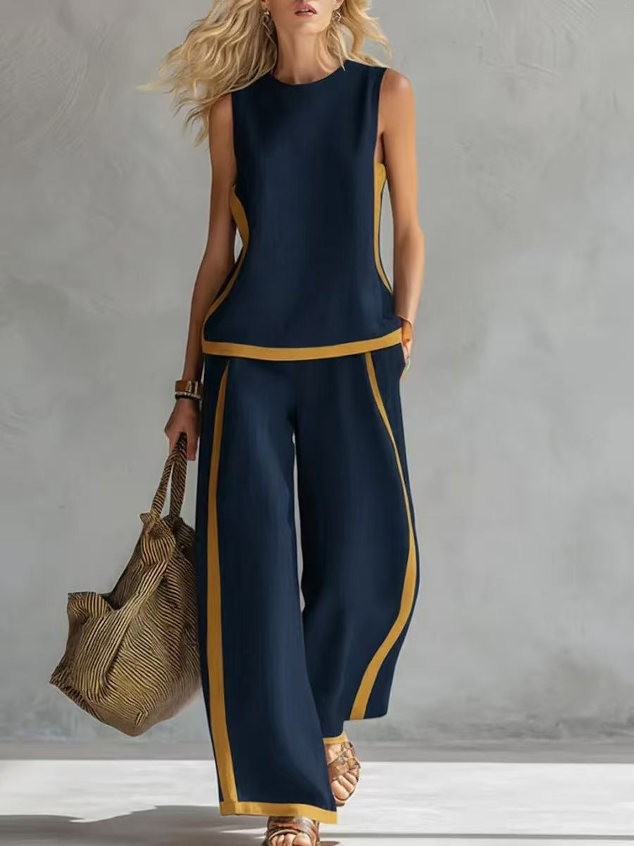Chices Damen Sommer-Outfit für den Urlaub, ärmelloser Anzug mit weitem Bein, luftig & komfortabel.