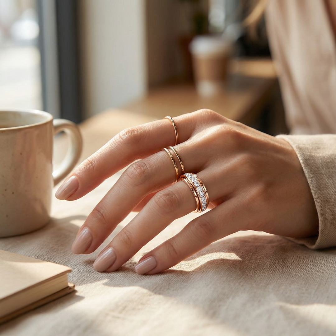 Drehbarer Damen Antistress-Ring für Stressabbau, eleganter Schmuck und praktisches Alltagshilfsmittel.