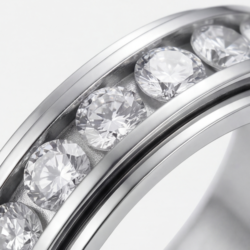 Nahaufnahme: Eleganter Silber-Damen-Spinner-Ring, detailreicher Antistress-Schmuck aus Titanstahl zum Drehen.