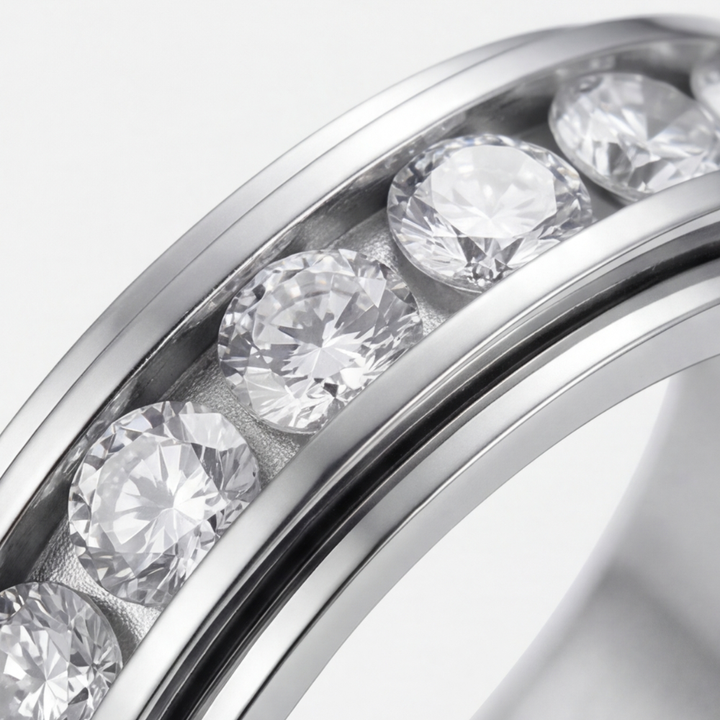 Nahaufnahme: Eleganter Silber-Damen-Spinner-Ring, detailreicher Antistress-Schmuck aus Titanstahl zum Drehen.