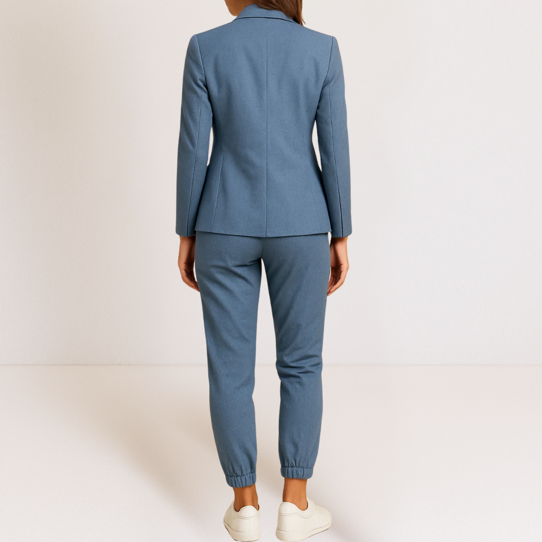 Vielseitiger Damen Zweiteiler mit Blazer und Jogger Hose, perfekt für Herbst- & Frühlings-Outfits.