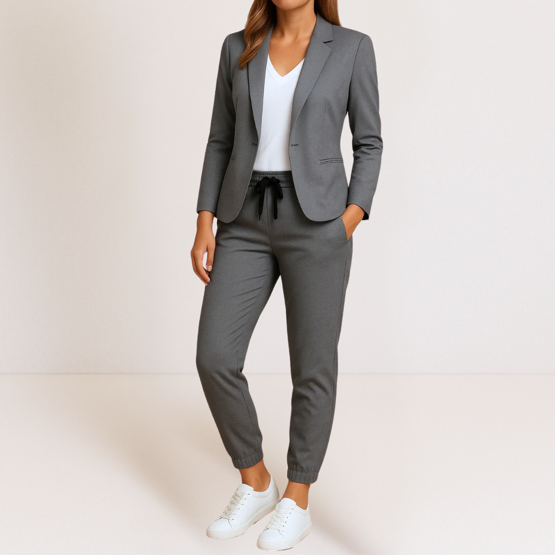 Komfortabler Damen Zweiteiler für Business Casual: Eleganter Blazer & entspannte Jogger Hose in Schwarz.