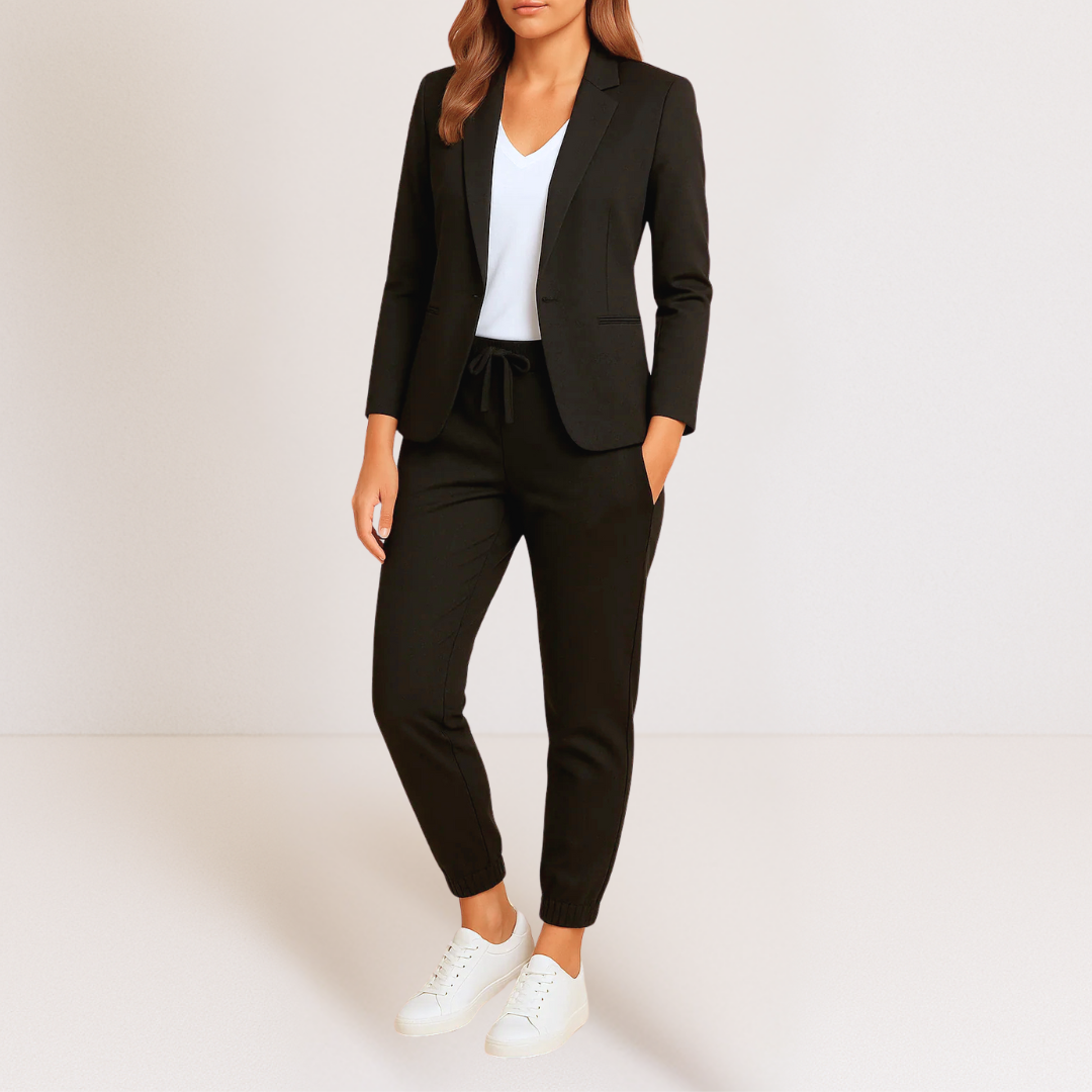 Modischer Damen Zweiteiler: Blazer & Jogger Set für entspannte Freizeit oder schicke Business-Anlässe.