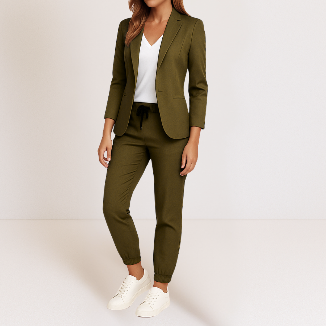 Komplettes Damen Outfit: Stilvoller Blazer & bequeme Jogger Set für Eleganz und Komfort im Alltag.