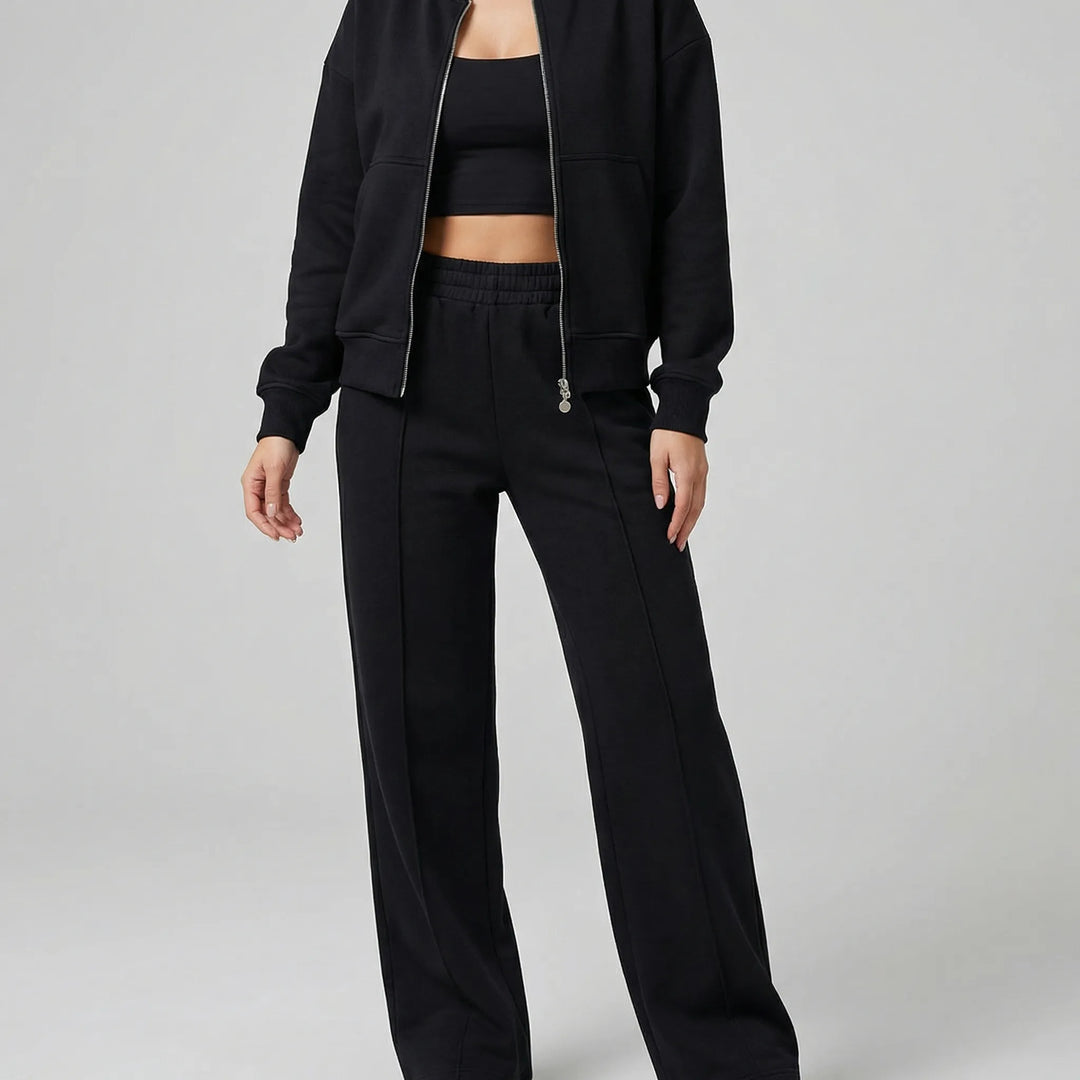 Komfortables Damen Hose & Jacke Set, gerader Schnitt, ideal als Business Casual oder edle Loungewear.