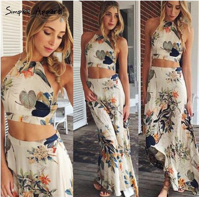Eleganter Damen Zweiteiler mit Blumenmuster: Crop-Top & hoher Bund Maxi-Rock. Perfektes Sommeroutfit für Damen.
