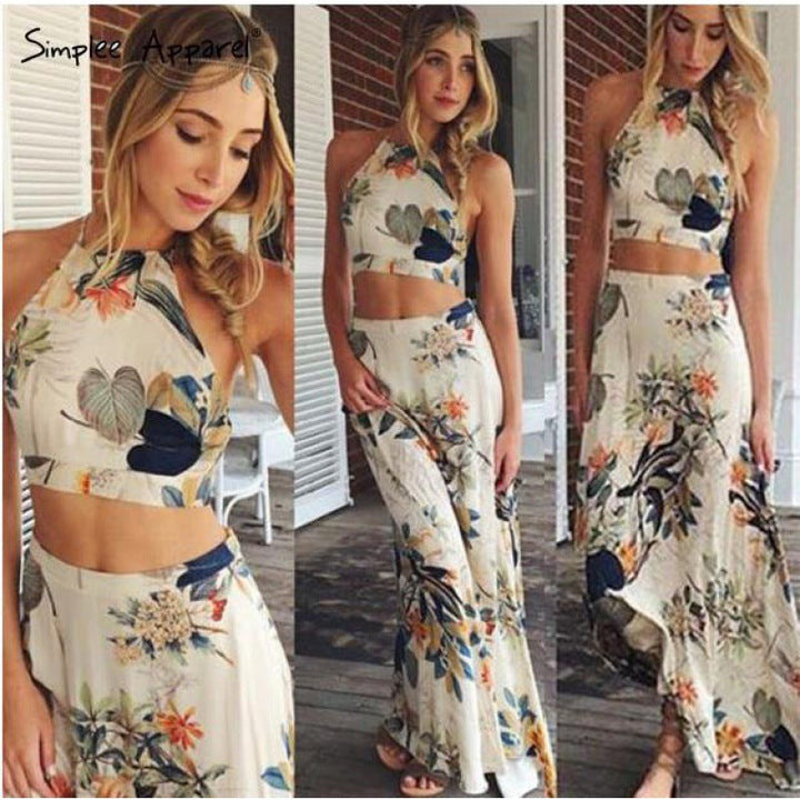 Damen Crop-Top & Maxi-Rock Set mit lebhaftem Blumenprint. Stilvoller Zweiteiler für Sommer, Freizeit & festliche Anlässe.