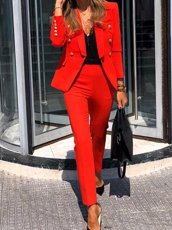 Eleganter Damen-Zweiteiler (Langarm-Blazer & Hose) in klassischer Farbe, ideal für Business & Büro im Frühling/Herbst.