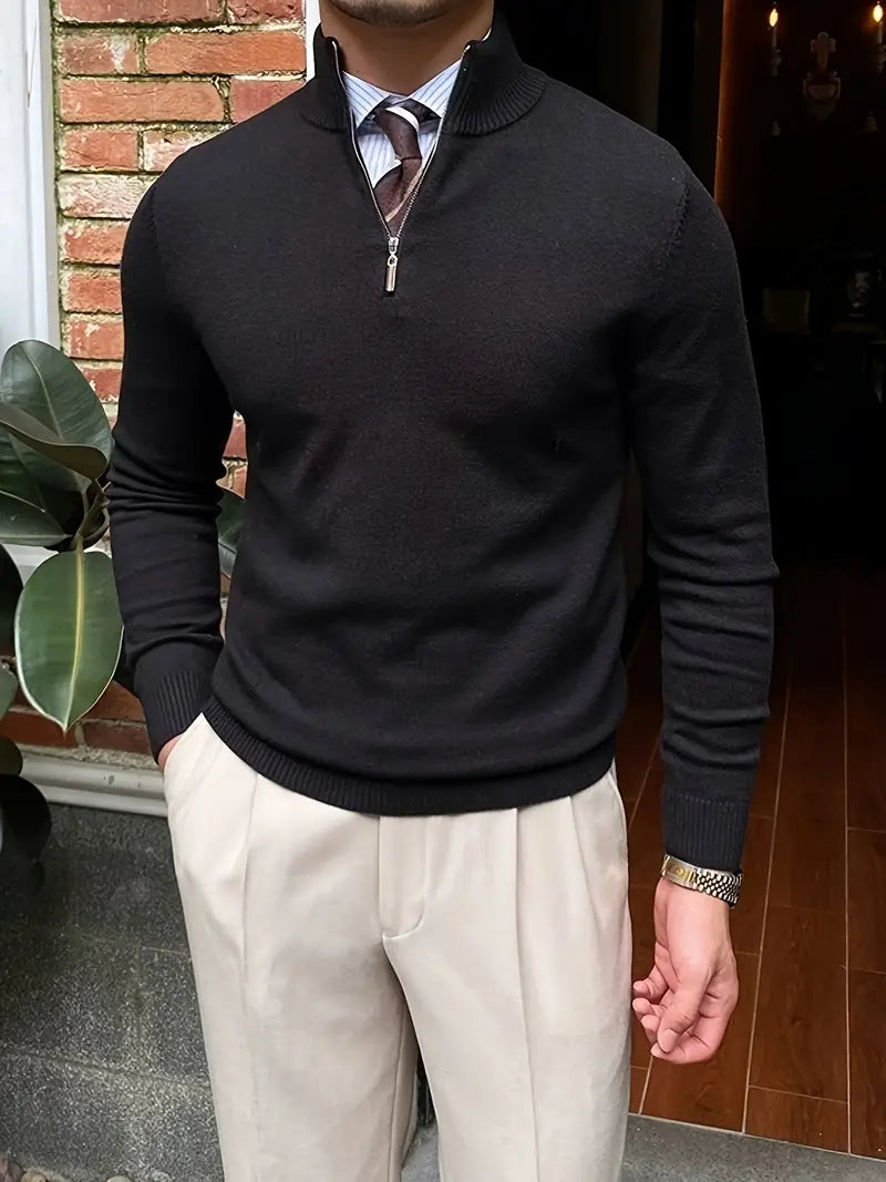 Eleganter Herren Halbzip Pullover Leonardo aus bequemem Strick, perfekt für stilvolle Freizeit- und Business-Casual-Looks.