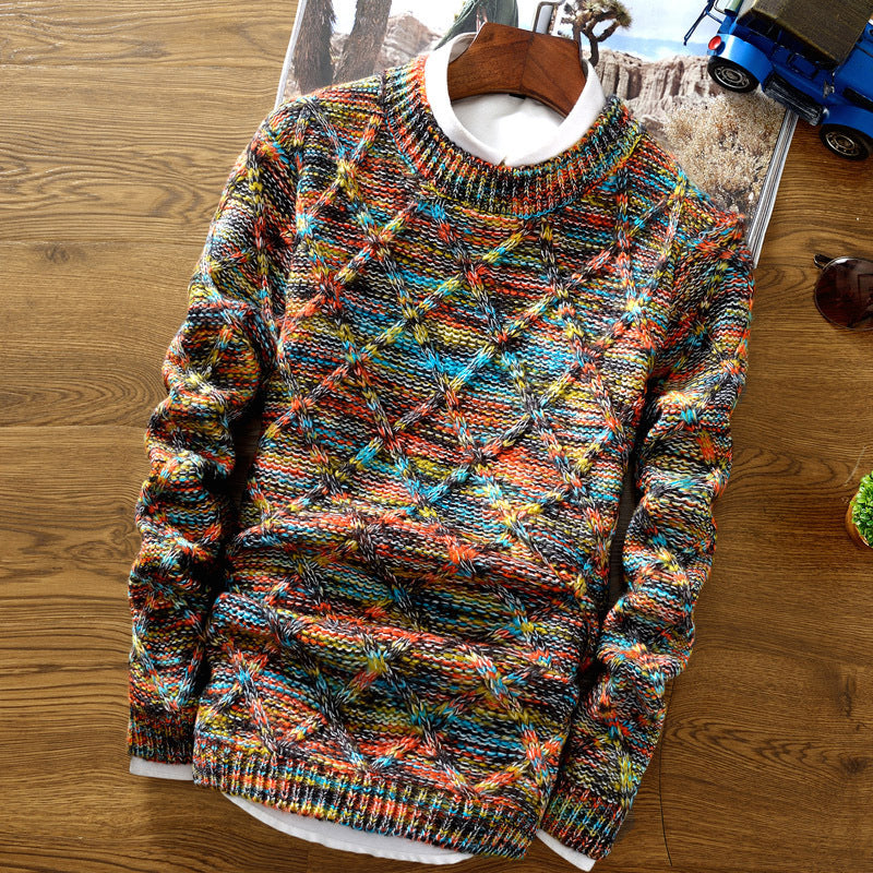 Eleganter Herren Pullover in Blau & Orange; stylisches Oberteil für Herrenmode.