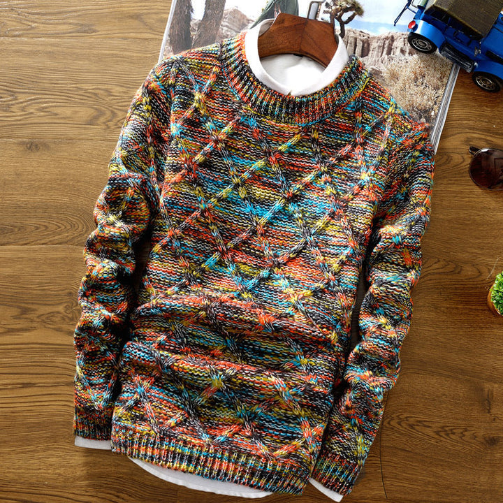 Eleganter Herren Pullover in Blau & Orange; stylisches Oberteil für Herrenmode.