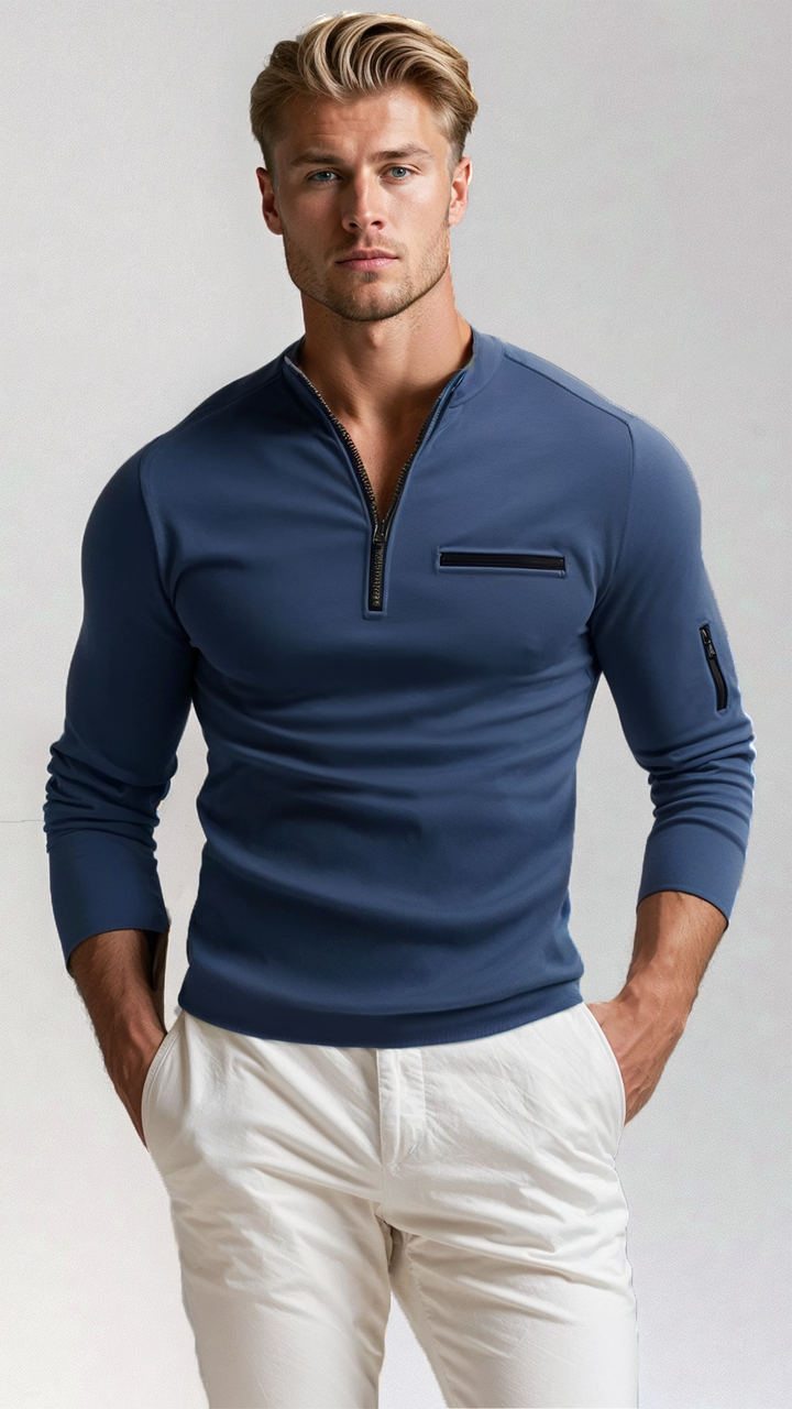 Eleganter Herren-Pullover mit Viertelreißverschluss, Langarm, ideal für lässige oder schicke Herrenmode.