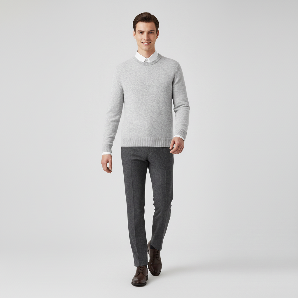 Rückenansicht des klassischen Herren Rundhals Strickpullovers, bequemes Langarm-Oberteil.