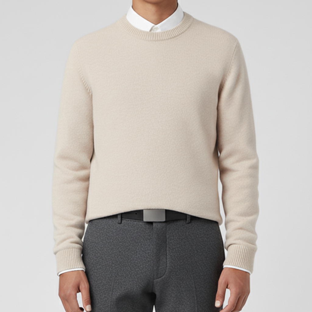 Herren Rundhals-Pullover mit Schal kombiniert, warmes Winter-Outfit für stilvolle Männer.