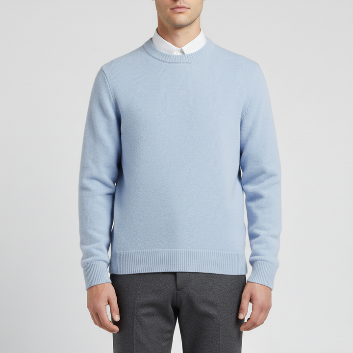 Eleganter Herren Rundhals-Pullover mit Hose, komplettes Outfit für den Herbst und Winter.